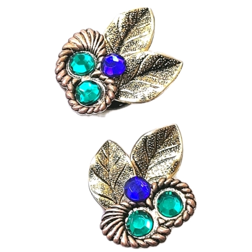 Vintage Blue Green Gemstone Leaf Cluster Clip-on Earrings Colorful Whimsical